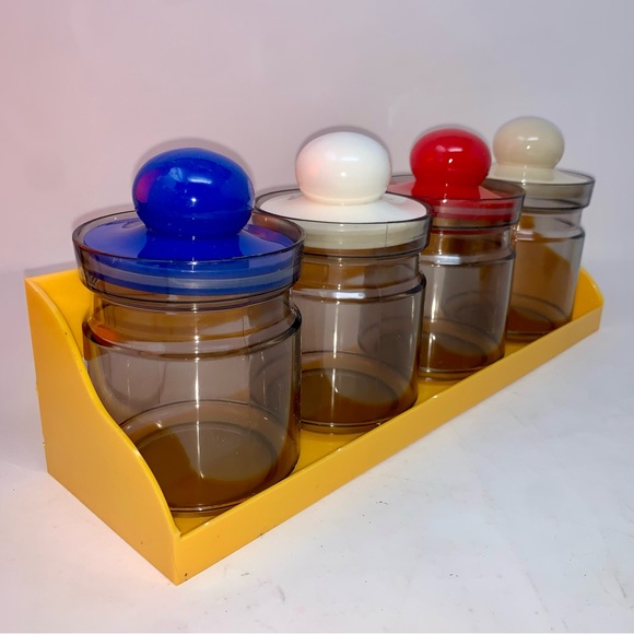 v i n t a g e :: Bright Midcentury 4 Jar Set Shelf Storage Apothecary Kitchen - Picture 10 of 14